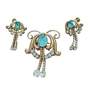 De Curtis Blue & White Rhinestone Brooch & Earrings 1/20 12k Gold Filled Vintage